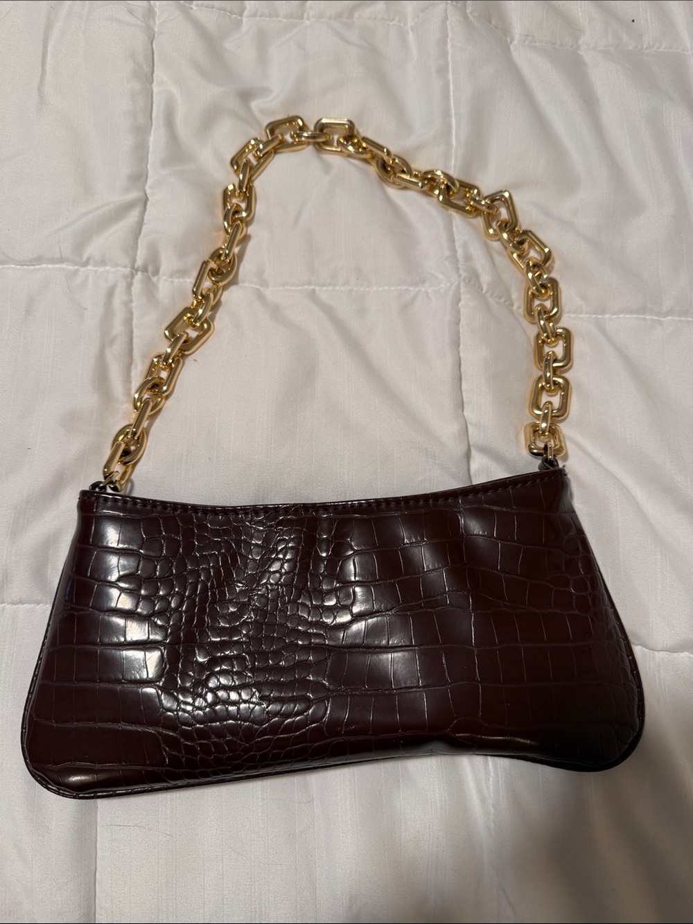 Zara Gold-Chain Croc-Embossed Shoulder Bag - Brown